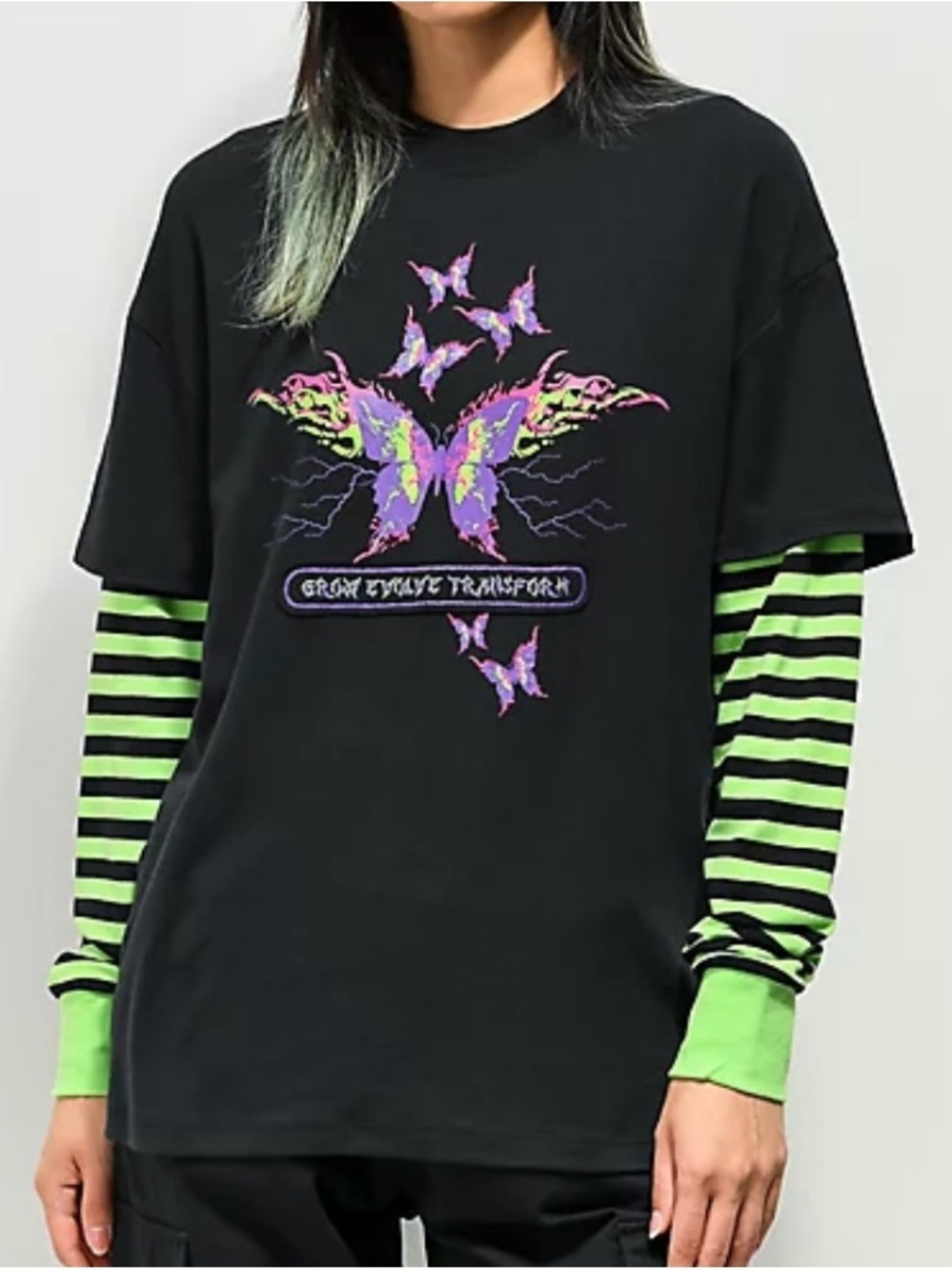 Woman Black Butterfly Graphic Layered Tee Neon Green Striped Sleeves size XS
